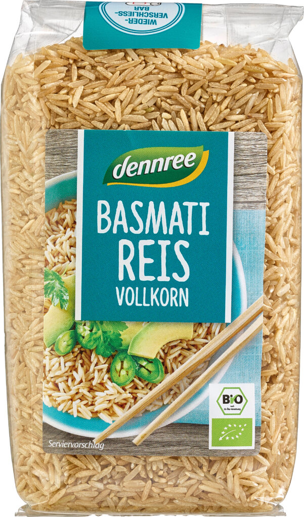 Dennree ekologiskt fullkornsbasmatiris 1 kg – aromatiskt långkornigt fullkornsris från Himalaya