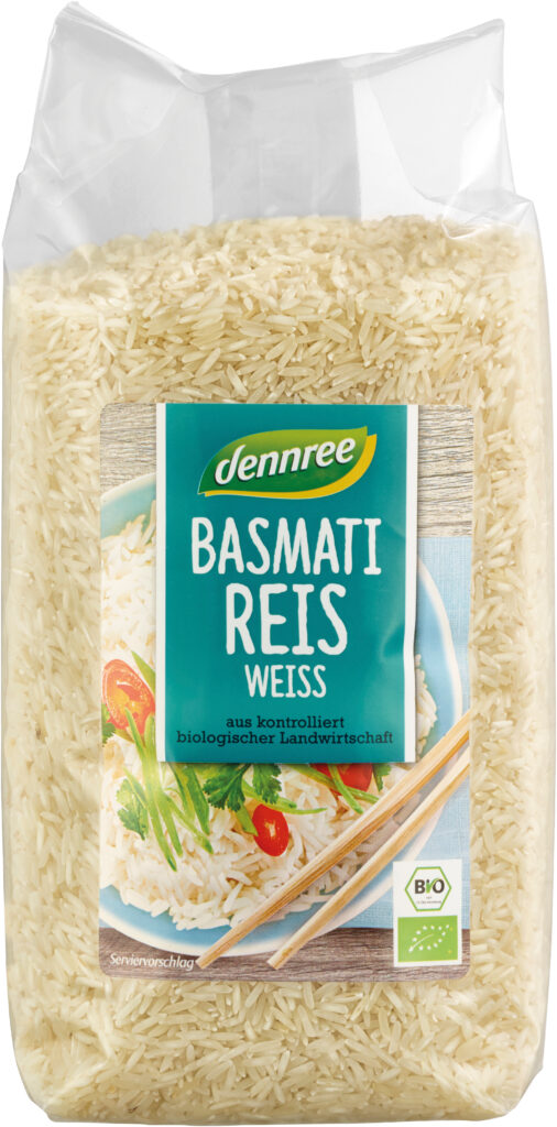 Dennree ekologiskt vitt basmatiris 1 kg – aromatiskt långkornigt ris från Himalayas fot