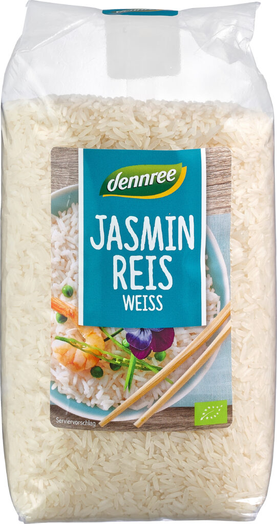Dennree ekologiskt vitt jasminris 1 kg – aromatiskt långkornigt ris för asiatisk matlagning