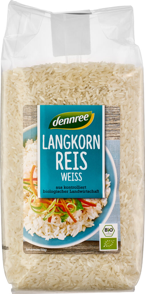 Dennree ekologiskt vitt långkornigt ris 1 kg – klassiskt långkornigt ris med luftig konsistens