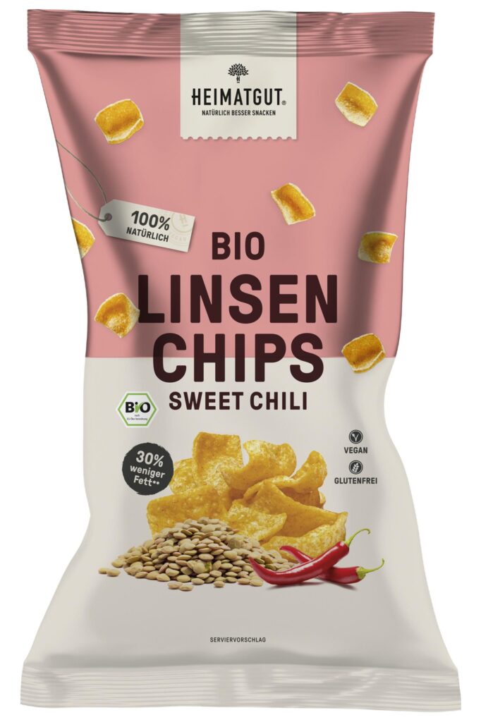 Heimatgut ekologiska linschips Sweet Chili 75 g – glutenfria och proteinrika linschips med mild chili